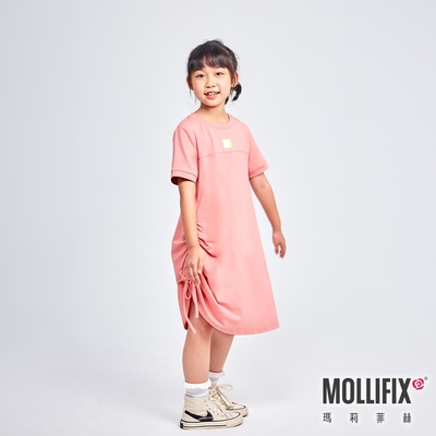 Mollifix 瑪莉菲絲 活力LOGO側抽皺長版連身裙_KIDS (橘粉)、連身裙、運動服、裙子