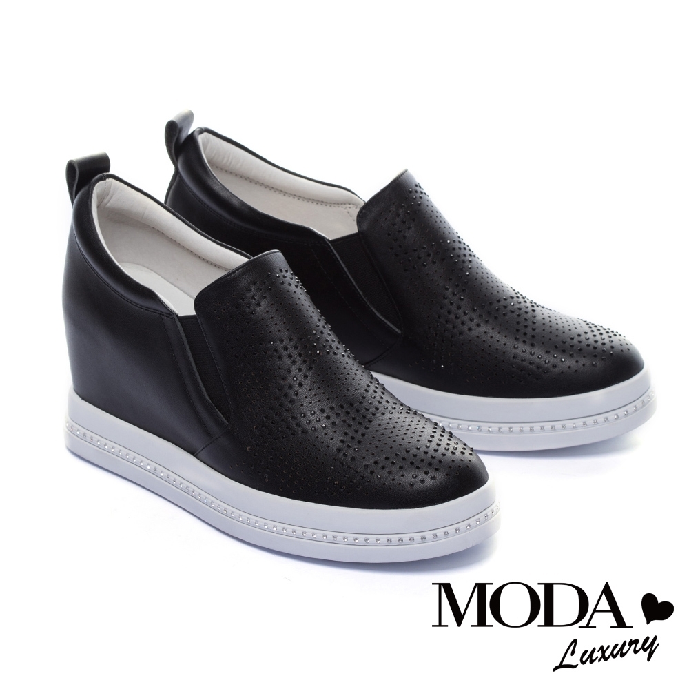 休閒鞋 MODA Luxury 閃爍水鑽沖孔全真皮內增高休閒鞋－黑