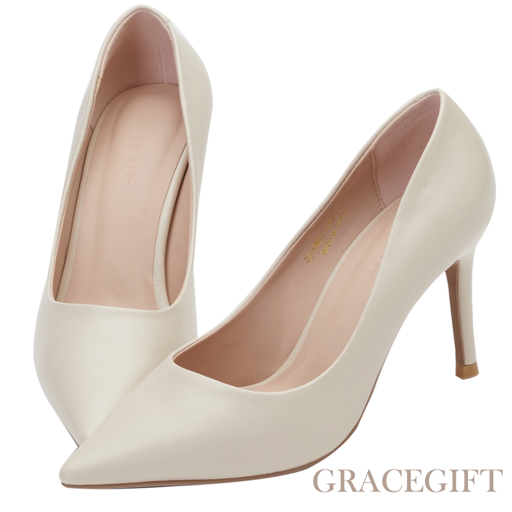 【Grace Gift】氣質尖頭細高跟鞋 米白