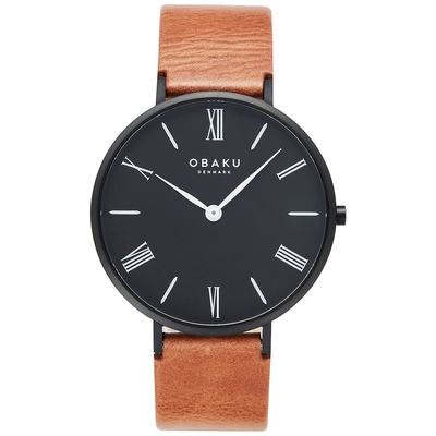 OBAKU 羅馬時刻紳士皮革時尚腕錶-棕X黑-V283GXBBRZ-42mm