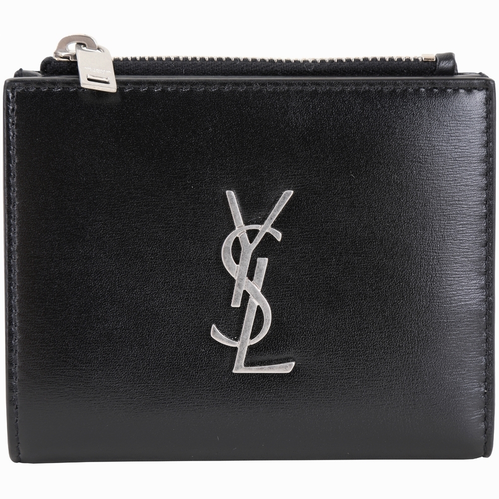 YSL Saint Laurent MONOGRAM 銀字小牛皮釦式短夾(黑色)