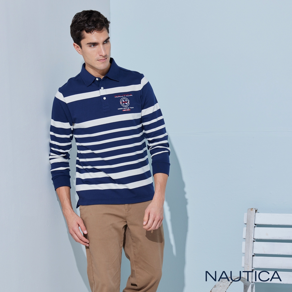 Nautica男裝 品牌文字LOGO撞色條紋長袖POLO衫-深藍