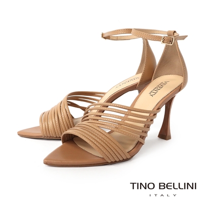 Tino Bellini 巴西進口迷人曲線繫踝牛皮高跟涼鞋-駝