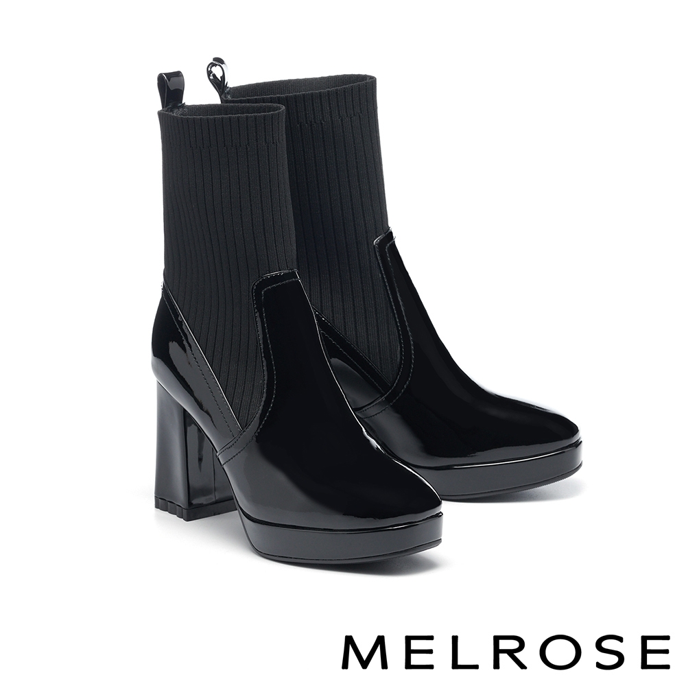 短靴 MELROSE 美樂斯 率性牛漆皮拼接彈力飛織布方頭美型高跟短靴－黑