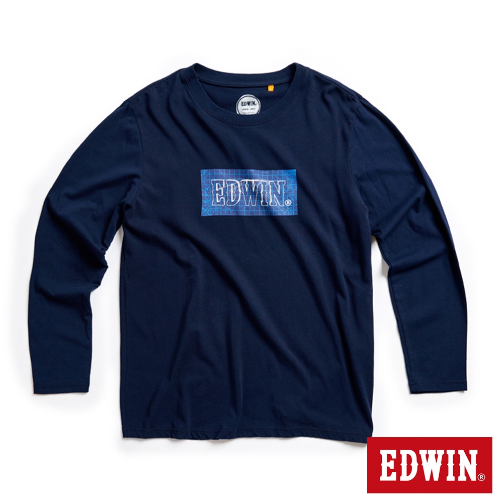 EDWIN 橘標 藍圖LOGO薄長袖T恤-男-丈青色