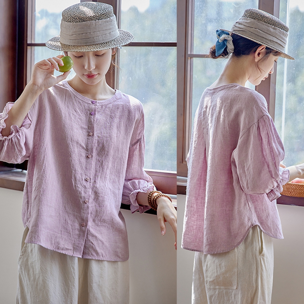 法國雙色色織亞麻花瓣袖襯衫上衣-設計所在-獨家高端限量系列