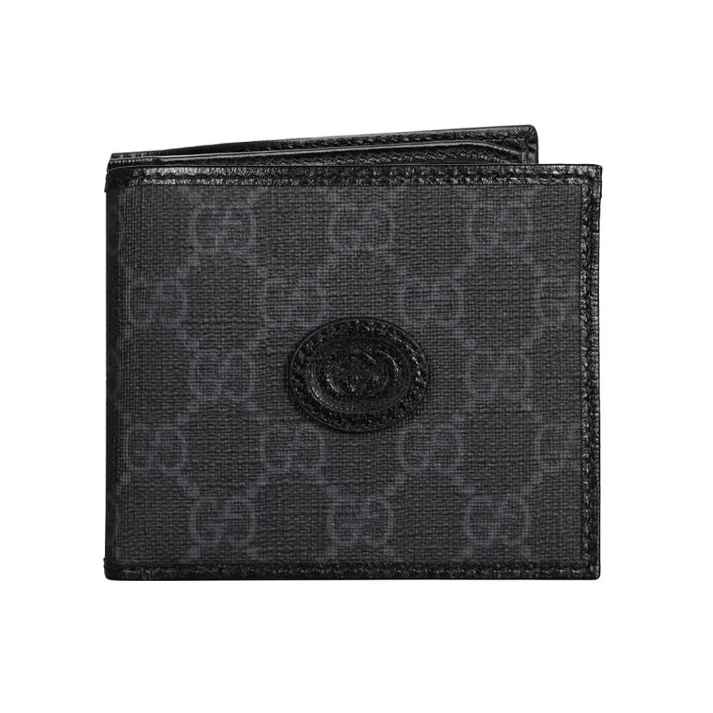 【GUCCI 古馳】671652 新款Interlocking G系列皮雕LOGO中性款對開短夾 (黑色)