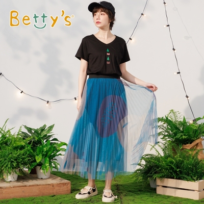 betty’s專櫃款　水果大印花百褶長紗裙(藍色)