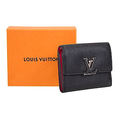 Louis Vuitton M68587 CAPUCINES XS 金屬LOGO皮革短夾(黑色)
