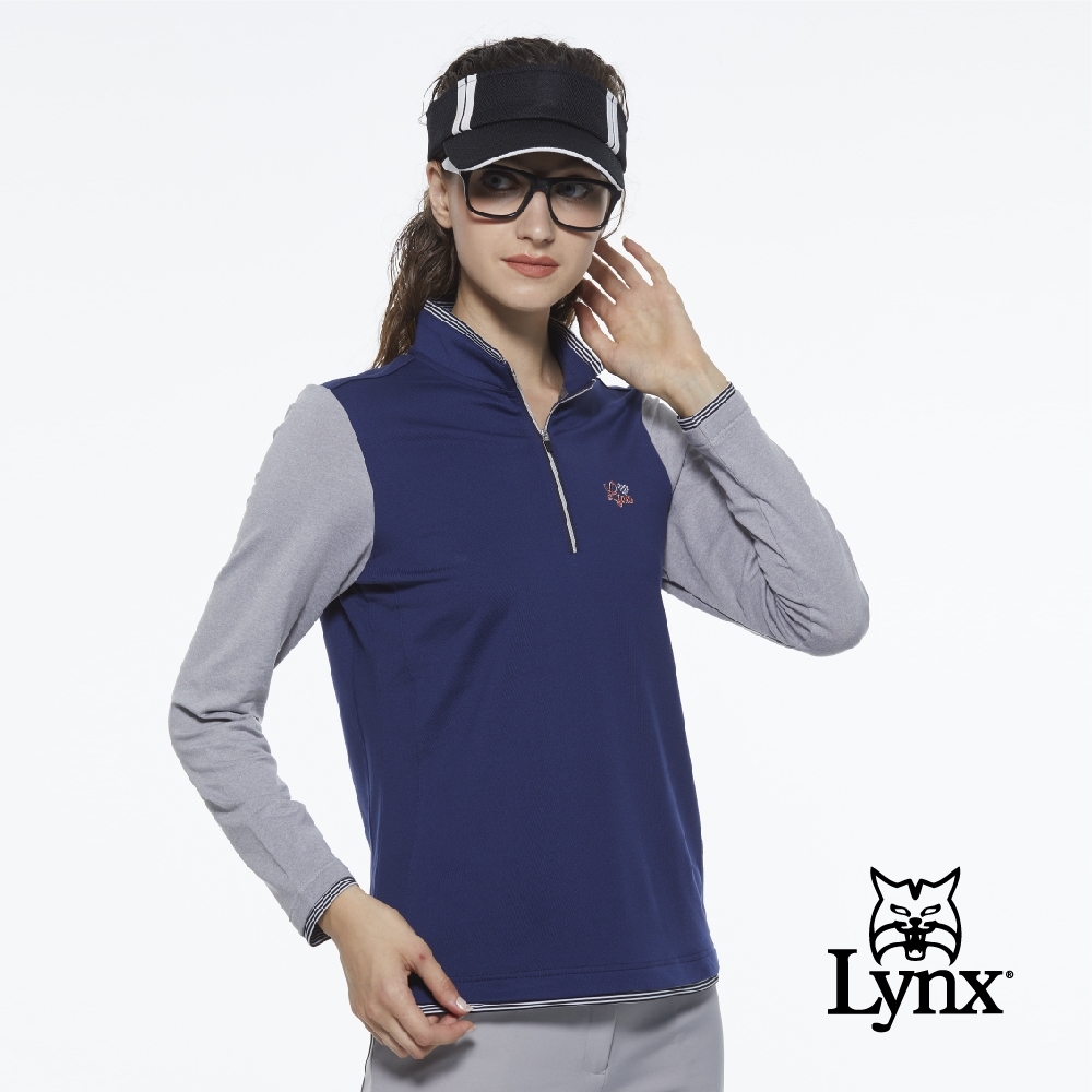 【Lynx Golf】女款假兩件式刷毛素面兩袖異色拼接長袖立領POLO衫-深藍色