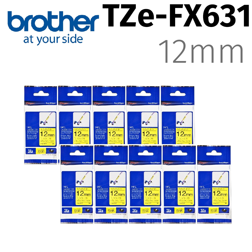 【10入組】brother TZe-FX631(可彎曲)纜線標籤帶 ( 12mm黃底黑字 )