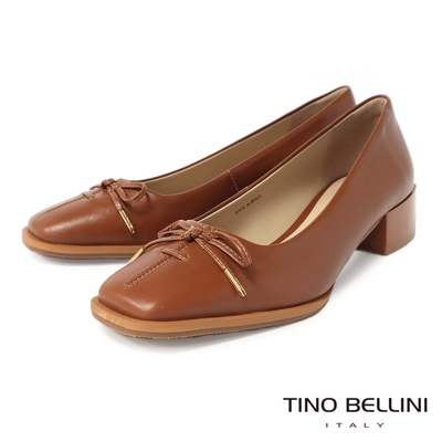 Tino Bellini 巴西進口復古方頭蝴蝶結牛皮粗跟鞋-棕