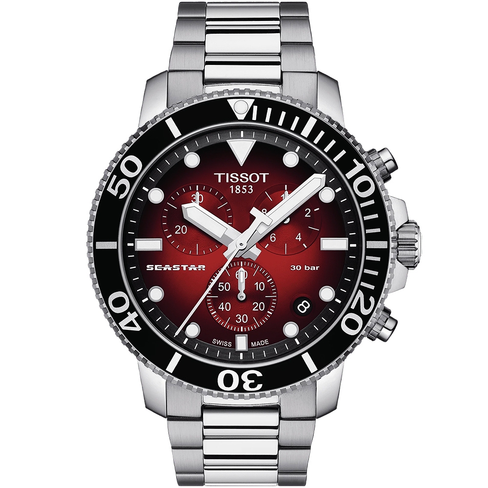 TISSOT 天梭 官方授權 Seastar 1000 海洋之星300米潛水計時錶 送禮首選-紅/45mm T1204171142100