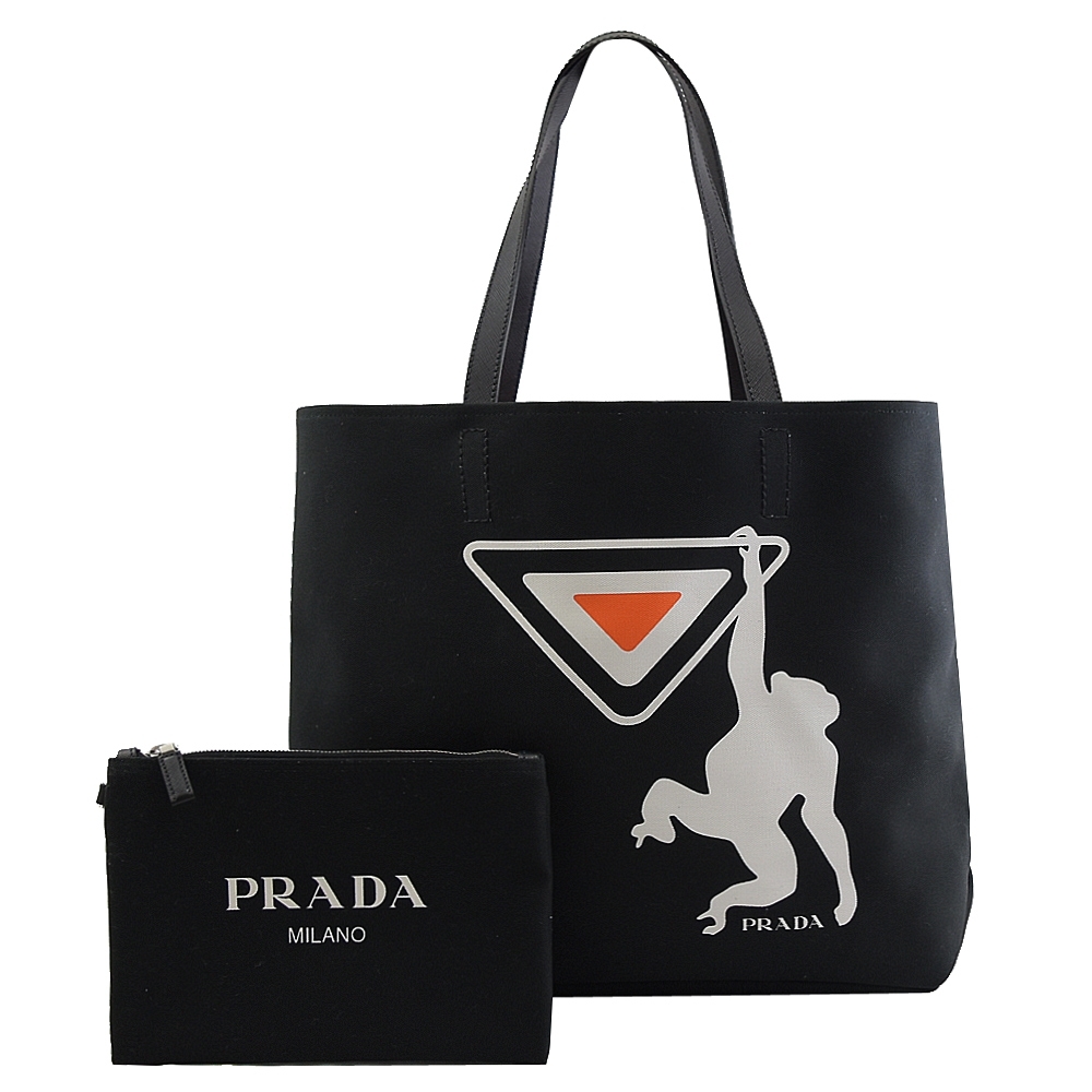 PRADA 三角猴子灌籃圖樣帆布托特包(黑)