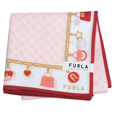 FURLA 經典鍊飾包包圖騰品牌字母LOGO圖騰帕領巾(酒紅色滾邊)