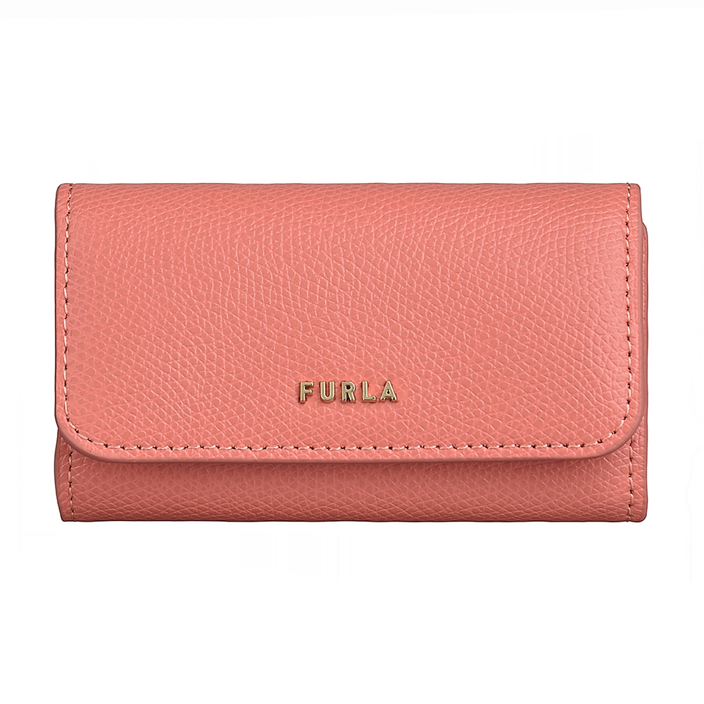 FURLA BABYLON金字字母LOGO荔枝紋小牛皮搭配花卉內裡釦式鑰匙包(粉)