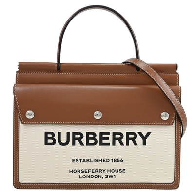 BURBERRY Title Bag 新版小牛皮拼接帆布手提斜背雙層兩用包(焦糖色/米白)