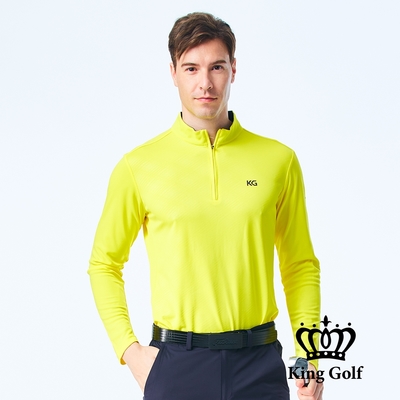 【KING GOLF】男款薄款立領拉鍊菱格線條印圖長袖POLO衫/高爾夫球衫-亮黃