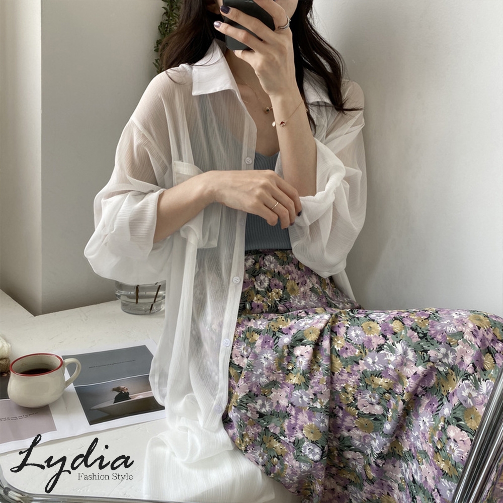【Lydia】韓版寬鬆chic長版防曬雪紡襯衫外套(白/綠 F)