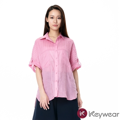 KeyWear奇威名品 車平打克襯衫式七分袖上衣-粉紅色