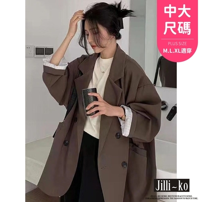 JILLI-KO 韓版寬鬆中長款雙排扣翻領西裝外套中大碼- 黑/咖