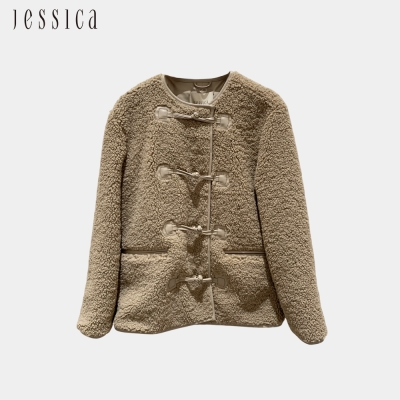 JESSICA - 百搭保暖復古盤扣毛毛外套235C03（駝色）