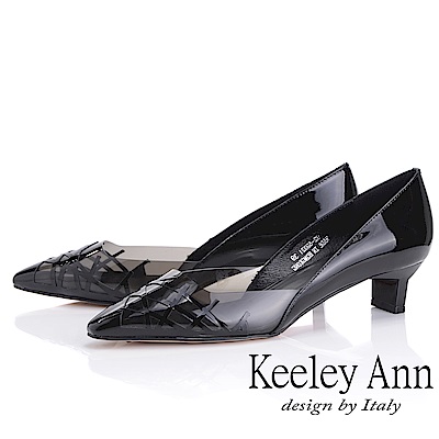 Keeley Ann時尚膠片 側邊簍空低跟包鞋(黑色-Ann系列)