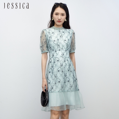 JESSICA - 花卉蕾絲拼接歐根紗魚尾裙擺短袖洋裝23327F