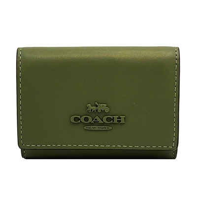 COACH 素面牛皮三折拉鍊零錢袋鈔票短夾(橄欖綠)