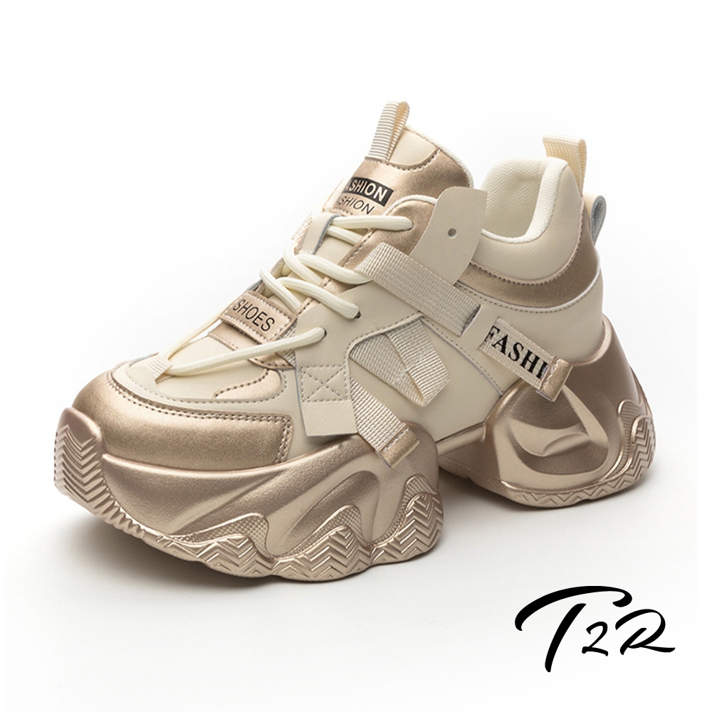 T2R-正韓空運-熱銷真皮拼接內增高厚底老爹鞋-增高約7公分-黑/白/金/粉 (金色)