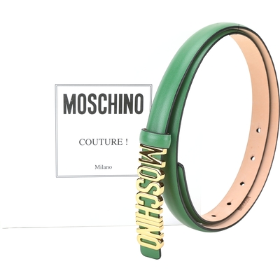 MOSCHINO 拋光金字母光滑小牛皮細版腰帶(綠色)