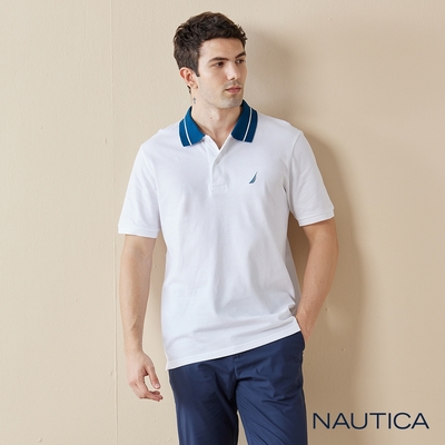 Nautica 男裝 簡約跳色領短袖POLO衫-白色