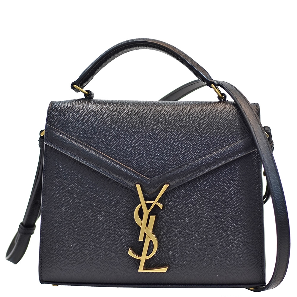 YSL 經典CASSANDRA系列粒紋小牛皮仿舊金色金屬LOGO手提/肩背包(迷你-黑)