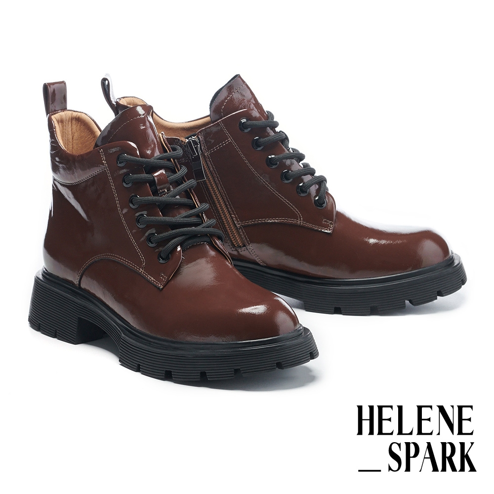 (時尚美靴)短靴 HELENE_SPARK 懷舊紳士風微光感全真皮綁帶厚底短靴－咖