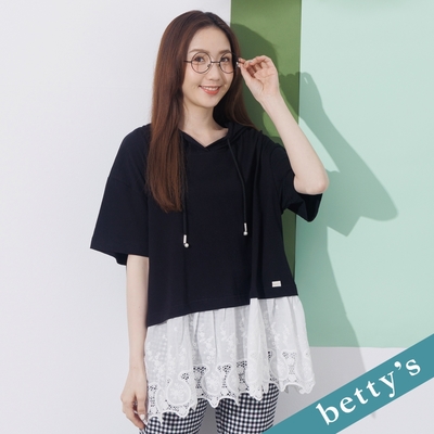 betty’s貝蒂思 下擺拼接蕾絲連帽長版上衣(黑色)