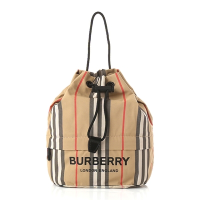 【BURBERRY 巴寶莉】80267371 經典格紋PHOEBE POUCH系列尼龍束繩手提肩背小水桶包(卡其色)