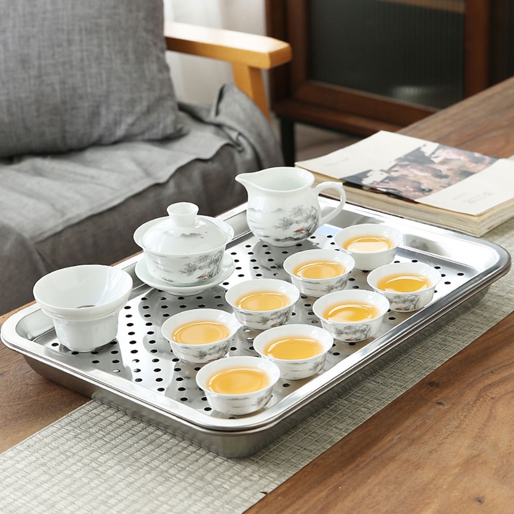 【小倉Ogula】12頭白瓷茶具組 杯盤組 加厚不鏽鋼茶盤 功夫茶具 茶道 儲水茶盤