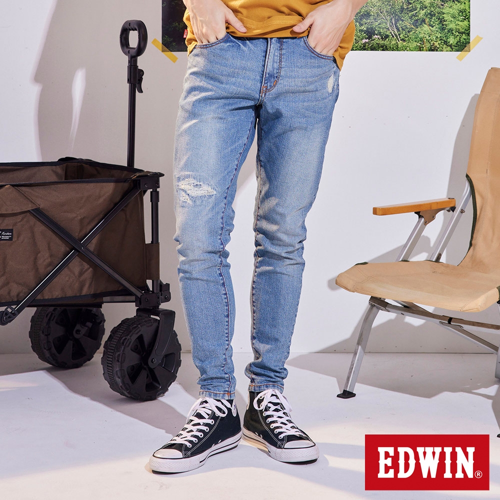 EDWIN 紅標 破壞窄管錐形牛仔褲-男-重漂藍