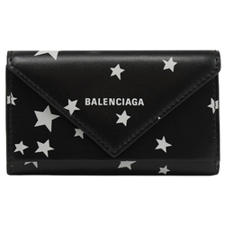 BALENCIAGA品牌LOGO星星印花牛皮釦式三折鑰匙包(黑)