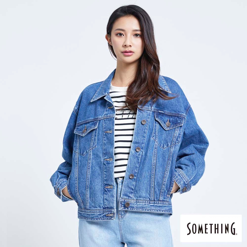 SOMETHING 復古丹寧夾克外套-女-中古藍