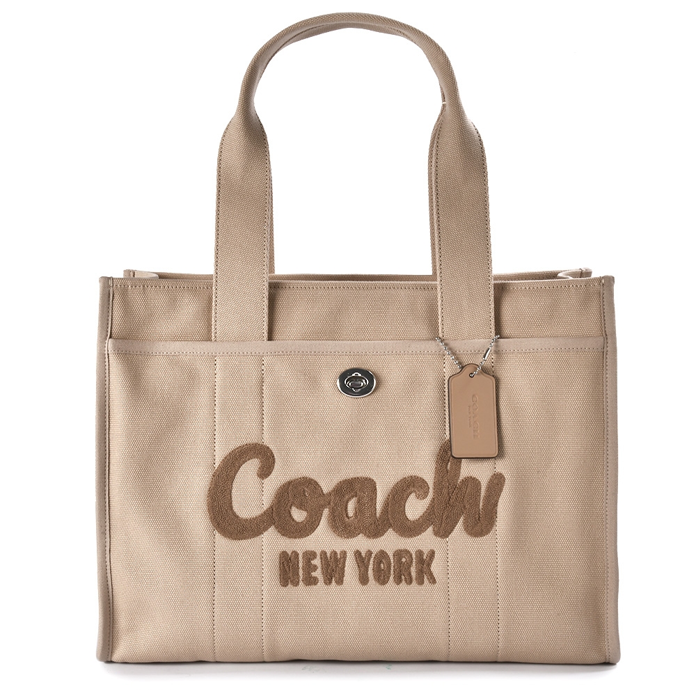 COACH 專櫃款 CARGO 42 草寫LOGO 經典帆布大型托特包-奶茶色