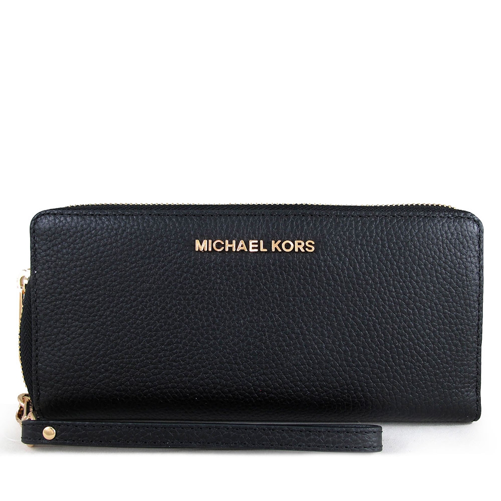 MICHAEL KORS Jet Set Travel金字Logo鵝卵石紋皮革拉鍊手提長夾(黑色)