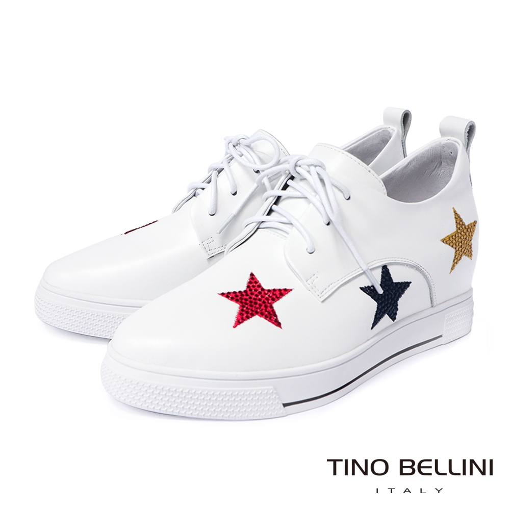 Tino Bellini 童趣彩鑽五角星牛皮內增高繫帶休閒鞋-白