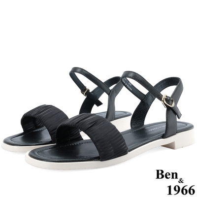Ben&1966高級頭層牛皮流行皺褶平底涼鞋-黑(226231)
