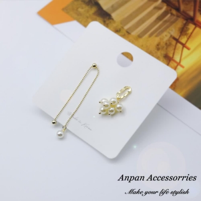 【Anpan 愛扮】韓東大門設計師款珍珠串氣質垂墜不對稱925銀針耳釘式耳環