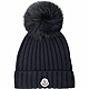 MONCLER Berretto 狐狸毛球徽章反摺羅紋針織羊毛帽(深藍色) product thumbnail 1