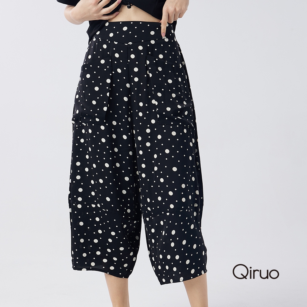 【Qiruo 奇若名品】專櫃精品黑白點點造型設計寬鬆褲(設計款黑白點褲子3033C)
