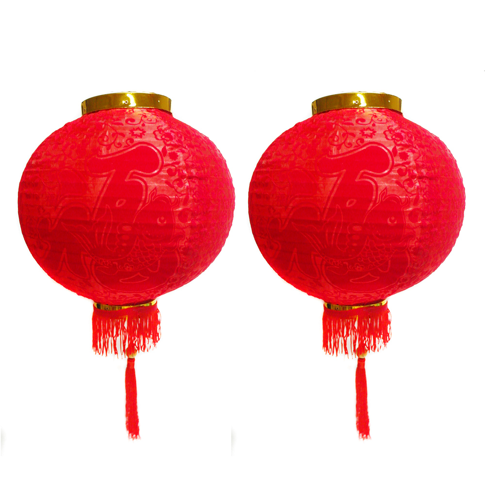 摩達客 農曆春節元宵-12吋植絨魚福紅燈籠(一組兩入)