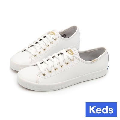 Keds KICKSTART 時尚皮革金眼扣綁帶休閒小白鞋-白/金 9234W132228