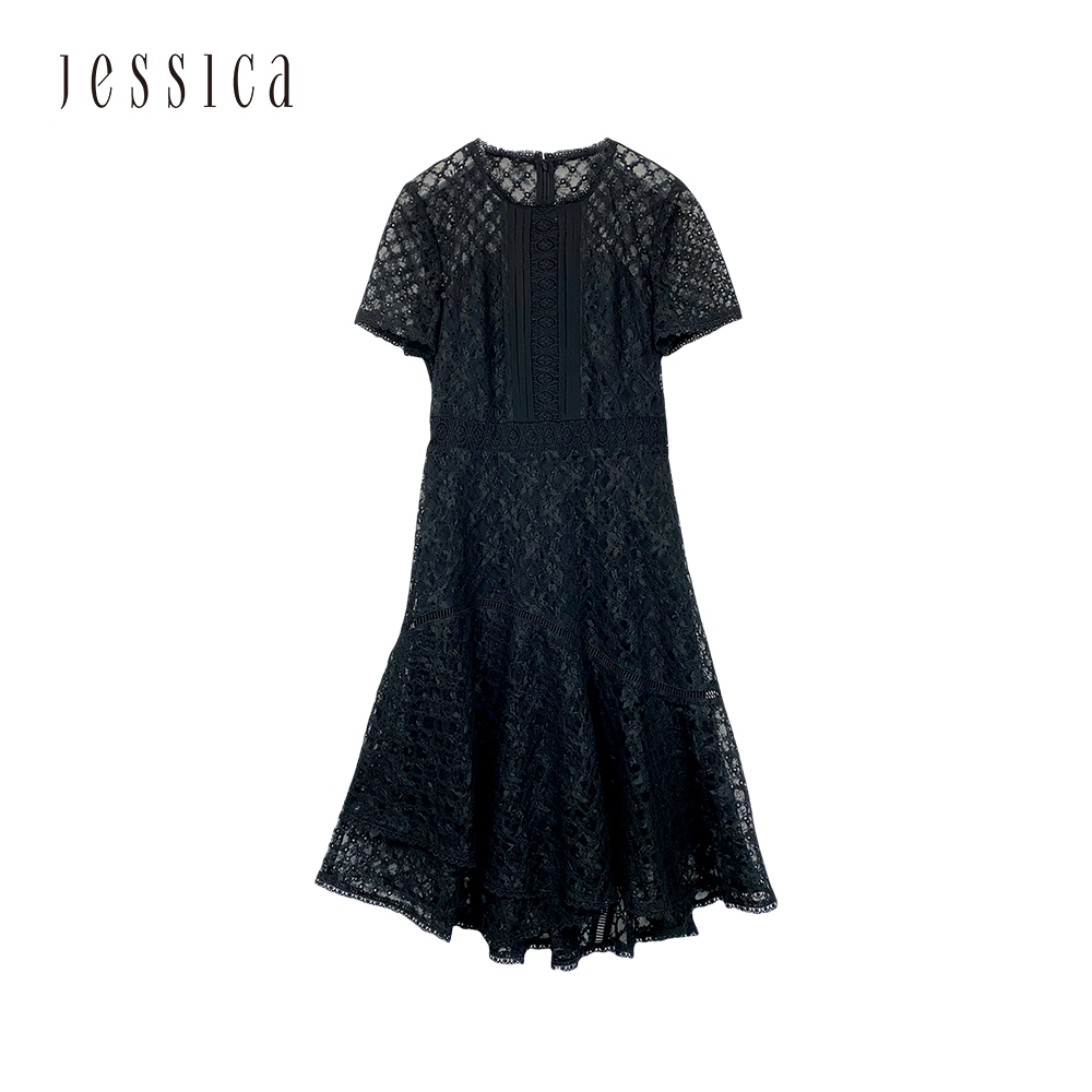 JESSICA - 浪漫氣質鏤空提花蕾絲短袖洋裝22347C